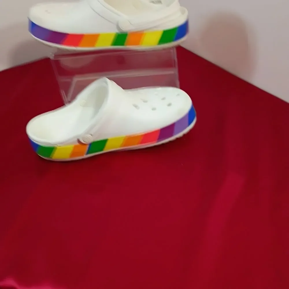 Crocs Men's SZ 5 Women's SZ 7 Rainbow Pride White Slip On Shoes Sandals